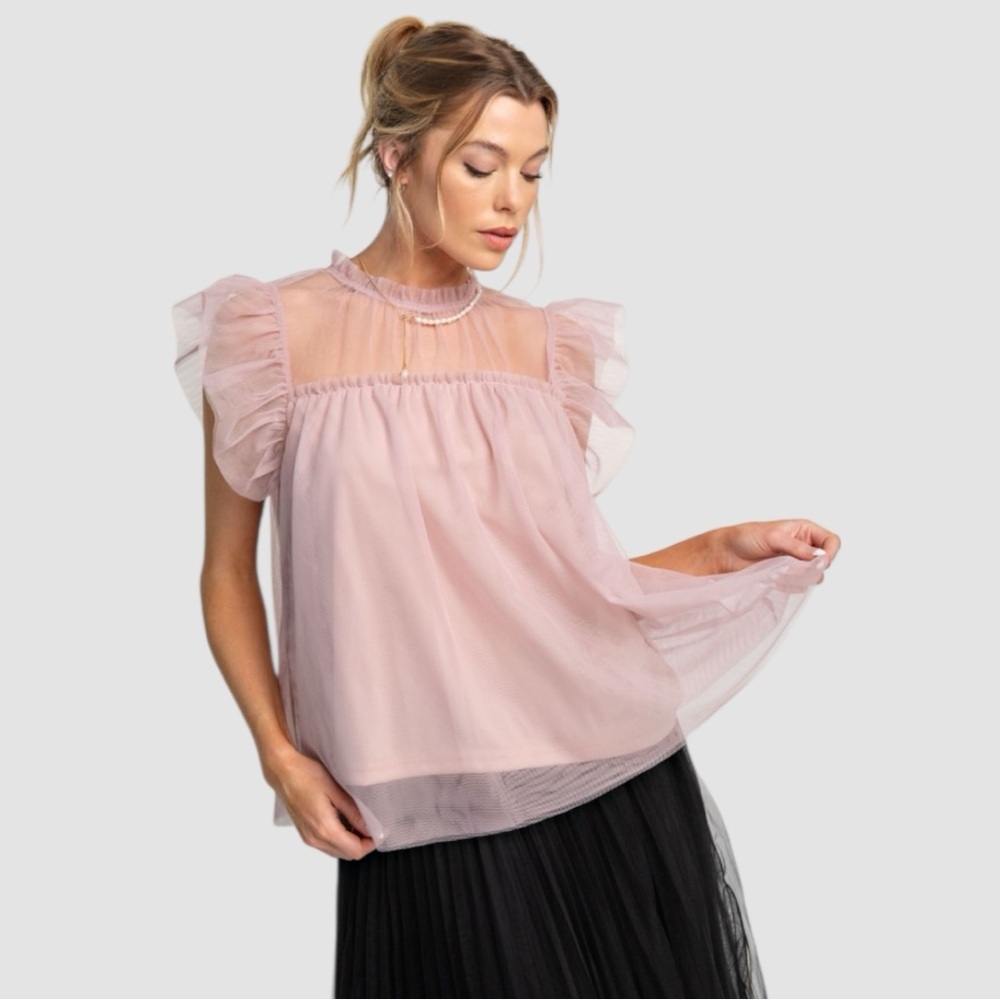 CAP SLEEVE TULLE RUFFLE TOP